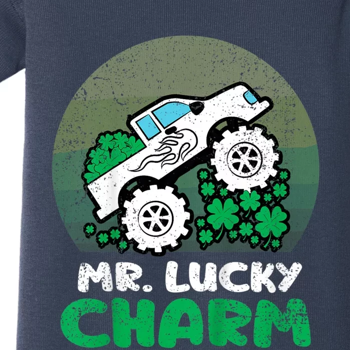 St Patricks Day Mr Lucky Charm Retro Monster Truck Baby Bodysuit