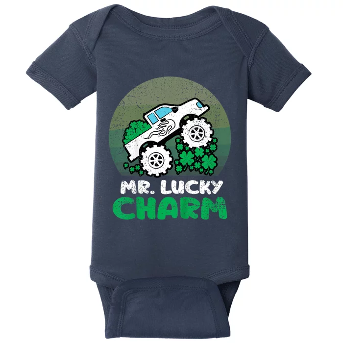 St Patricks Day Mr Lucky Charm Retro Monster Truck Baby Bodysuit