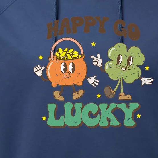 St Patricks Day Happy Go Lucky Shamrock Irish Retro Performance Fleece Hoodie