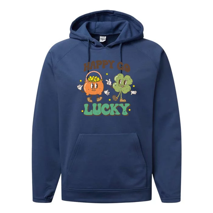 St Patricks Day Happy Go Lucky Shamrock Irish Retro Performance Fleece Hoodie