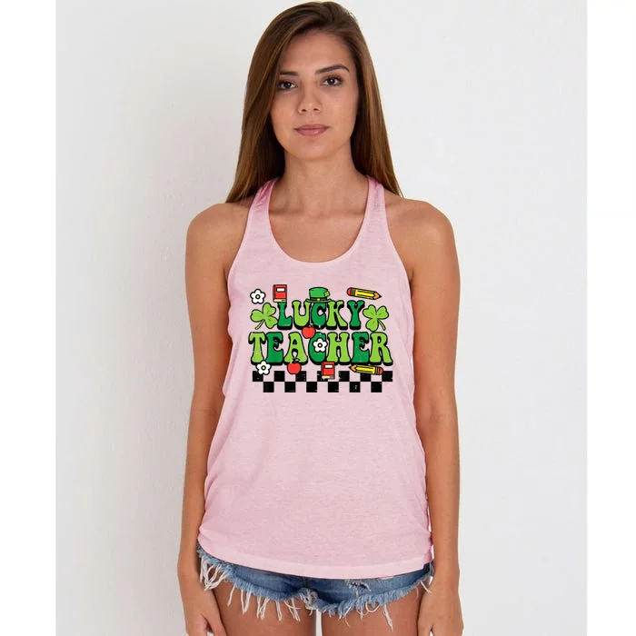 St Patricks Day Lucky Teacher Saint Paddys Groovy Women's Knotted Racerback Tank