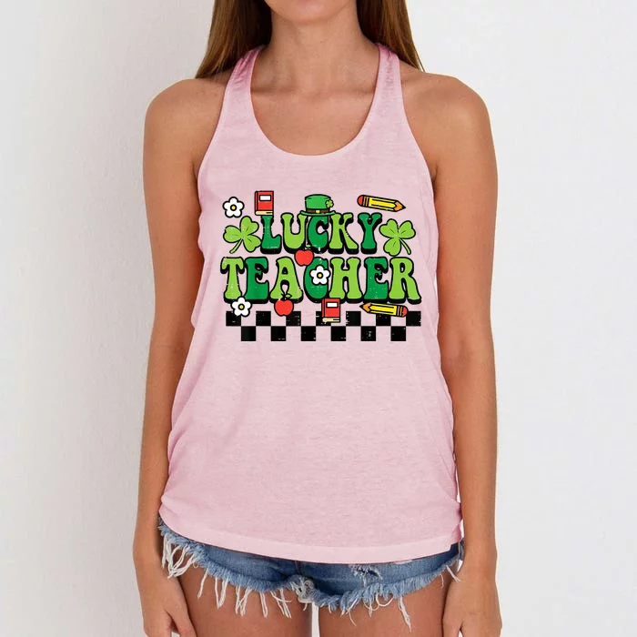 St Patricks Day Lucky Teacher Saint Paddys Groovy Women's Knotted Racerback Tank