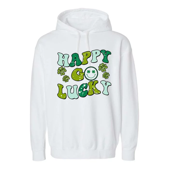 St Patricks Day Happy Go Lucky Shamrock Irish Retro Garment-Dyed Fleece Hoodie