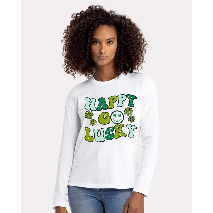 St Patricks Day Happy Go Lucky Shamrock Irish Retro Womens Cotton Relaxed Long Sleeve T-Shirt