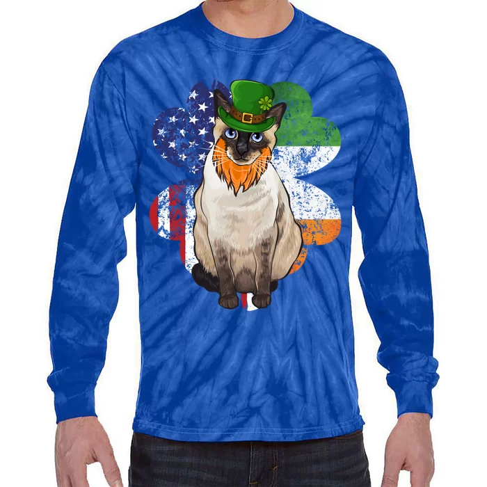 St Patricks Day Irish American Flag Siamese Cat Gift Tie-Dye Long Sleeve Shirt