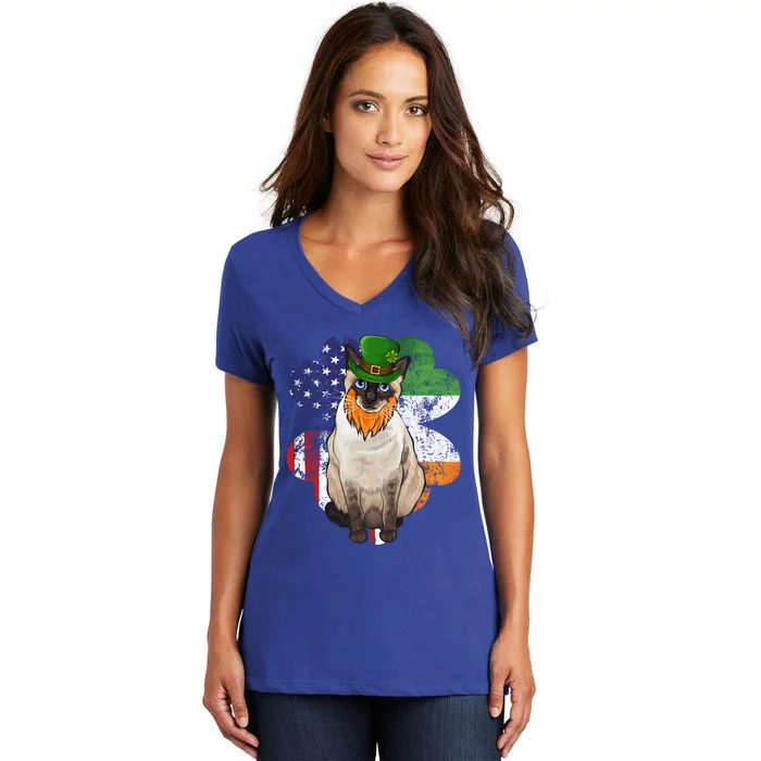 St Patricks Day Irish American Flag Siamese Cat Gift Women's V-Neck T-Shirt