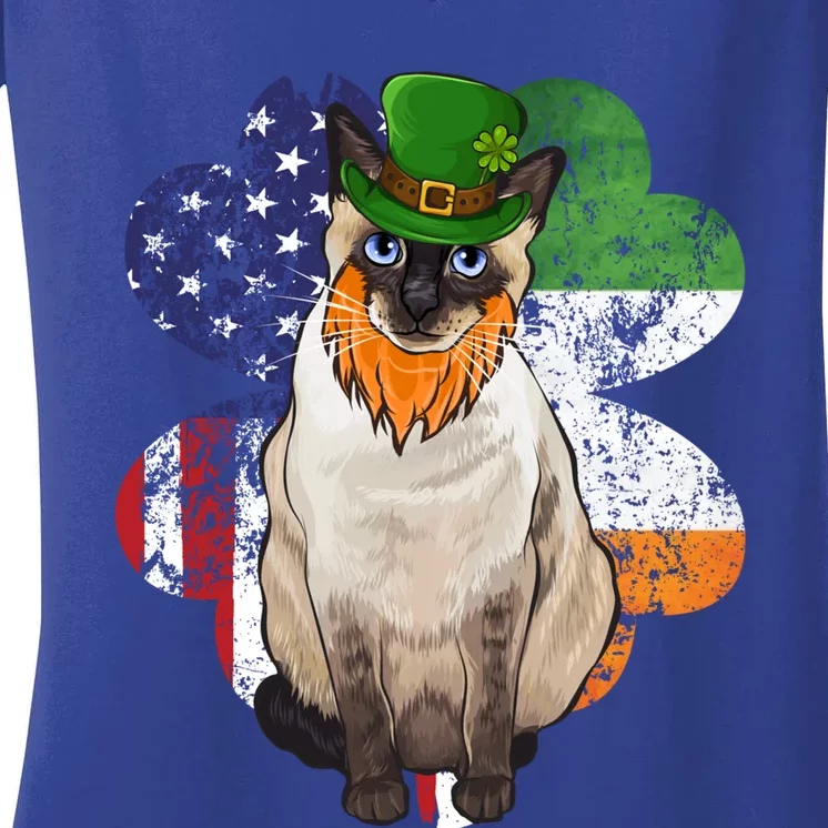 St Patricks Day Irish American Flag Siamese Cat Gift Women's V-Neck T-Shirt