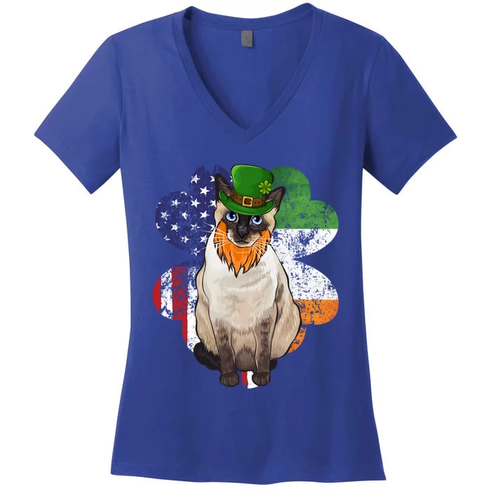 St Patricks Day Irish American Flag Siamese Cat Gift Women's V-Neck T-Shirt