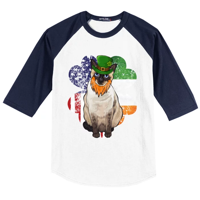 St Patricks Day Irish American Flag Siamese Cat Gift Baseball Sleeve Shirt