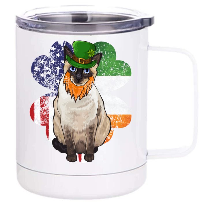 St Patricks Day Irish American Flag Siamese Cat Gift Front & Back 12oz Stainless Steel Tumbler Cup