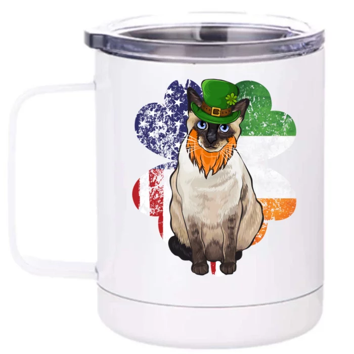 St Patricks Day Irish American Flag Siamese Cat Gift Front & Back 12oz Stainless Steel Tumbler Cup