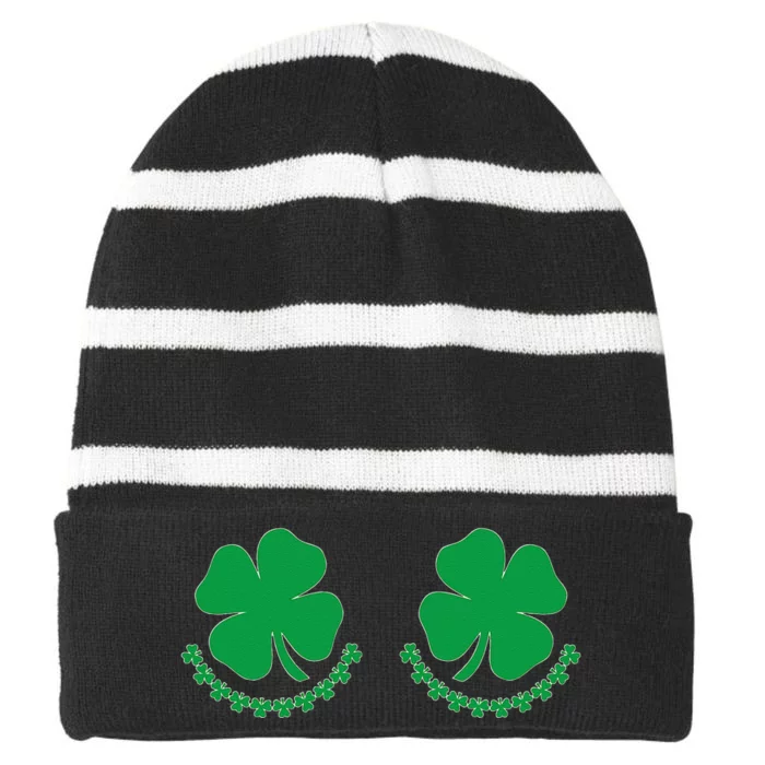 Saint Patricks Day Funny Novelty Joke Shamrock Boobs Womens Striped Beanie with Solid Band