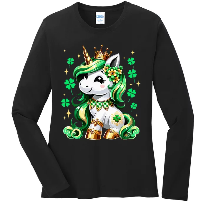 St Patrick Day Irish Unicorn Lepricorn Ladies Long Sleeve Shirt