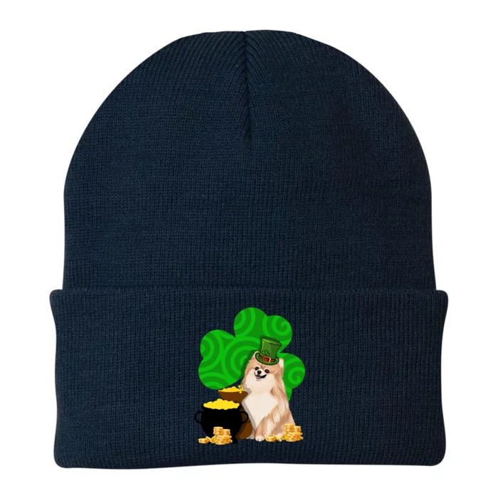 St Paddys Day Shamrock Dog Lover Pomeranian Clover Gift Knit Cap Winter Beanie