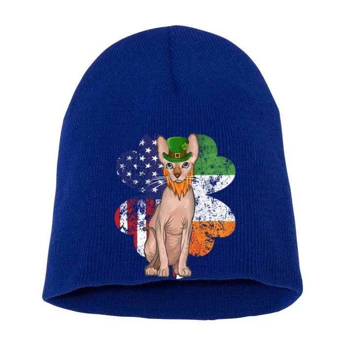 St Patricks Day Irish American Flag Sphynx Cat Gift Short Acrylic Beanie