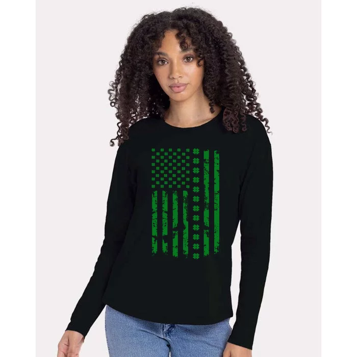 St Patrick's Day Distressed American Flag Shamrock Womens Cotton Relaxed Long Sleeve T-Shirt