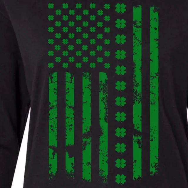 St Patrick's Day Distressed American Flag Shamrock Womens Cotton Relaxed Long Sleeve T-Shirt