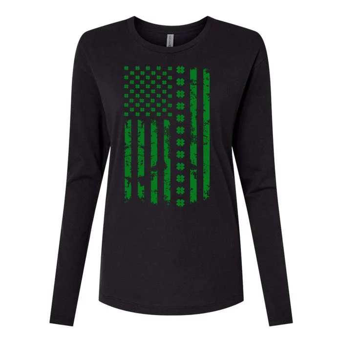 St Patrick's Day Distressed American Flag Shamrock Womens Cotton Relaxed Long Sleeve T-Shirt