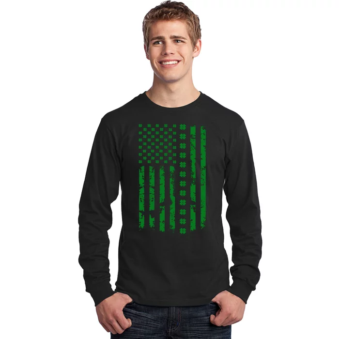 St Patrick's Day Distressed American Flag Shamrock Long Sleeve Shirt