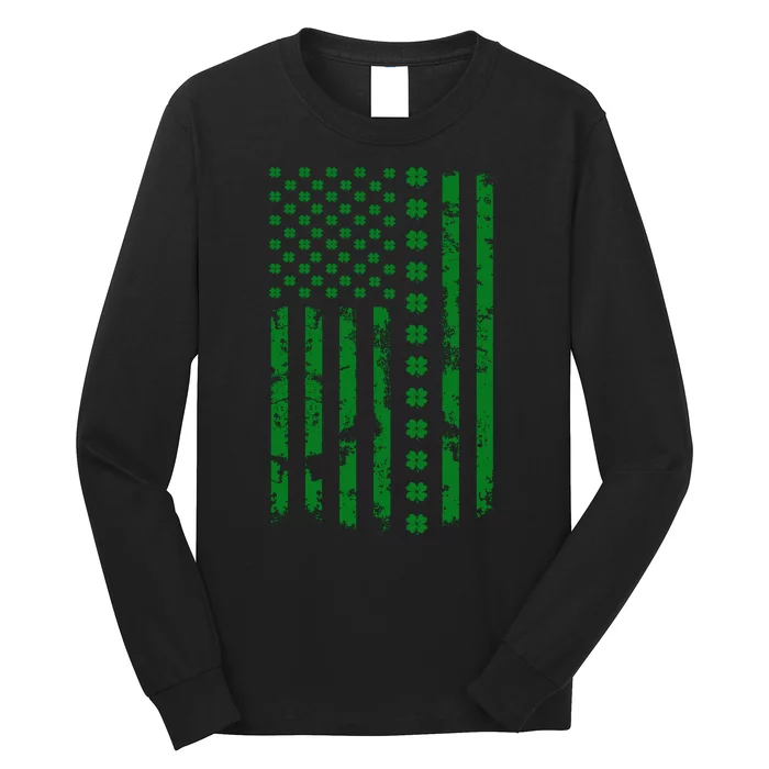 St Patrick's Day Distressed American Flag Shamrock Long Sleeve Shirt