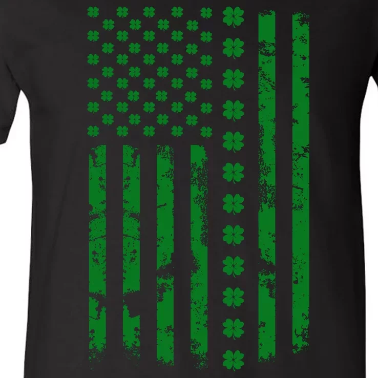 St Patrick's Day Distressed American Flag Shamrock V-Neck T-Shirt