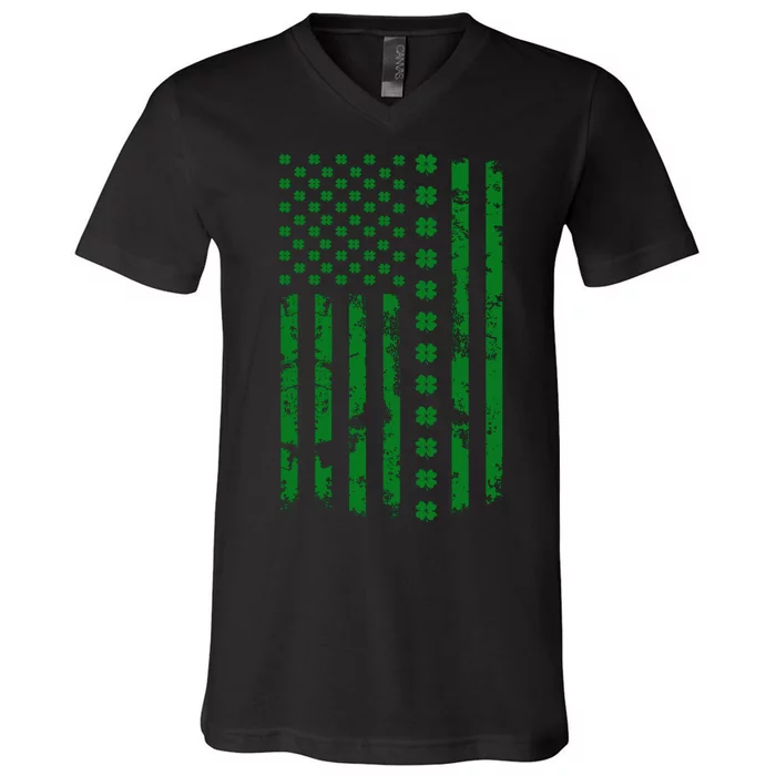 St Patrick's Day Distressed American Flag Shamrock V-Neck T-Shirt