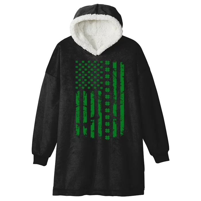 St Patrick's Day Distressed American Flag Shamrock Hooded Wearable Blanket