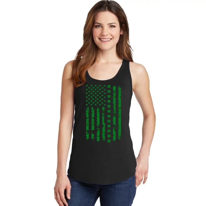 St Patrick's Day Distressed American Flag Shamrock Ladies Essential Tank