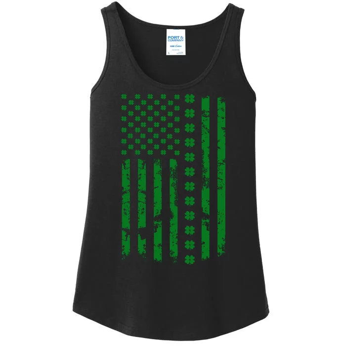 St Patrick's Day Distressed American Flag Shamrock Ladies Essential Tank