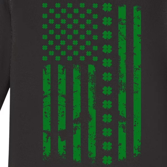 St Patrick's Day Distressed American Flag Shamrock Baby Long Sleeve Bodysuit