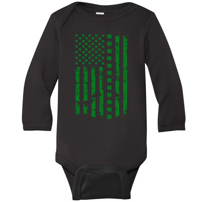 St Patrick's Day Distressed American Flag Shamrock Baby Long Sleeve Bodysuit