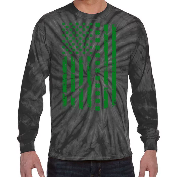 St Patrick's Day Distressed American Flag Shamrock Tie-Dye Long Sleeve Shirt