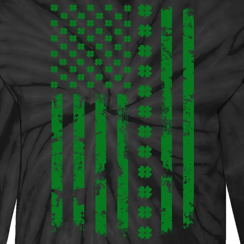 St Patrick's Day Distressed American Flag Shamrock Tie-Dye Long Sleeve Shirt