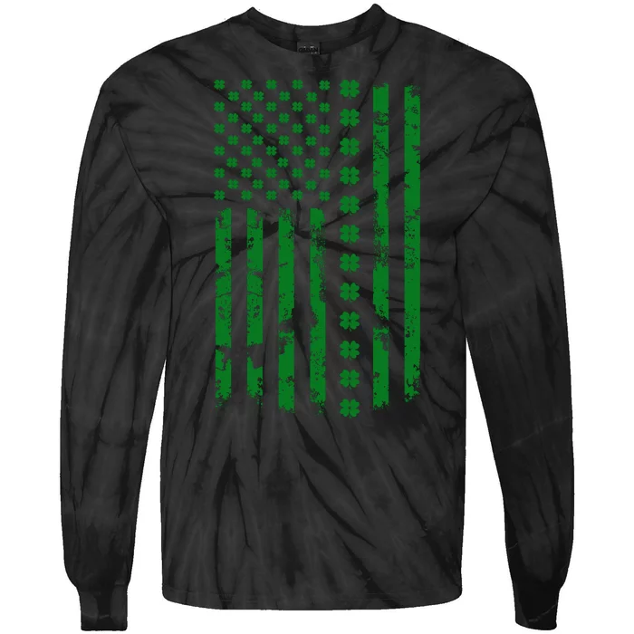 St Patrick's Day Distressed American Flag Shamrock Tie-Dye Long Sleeve Shirt