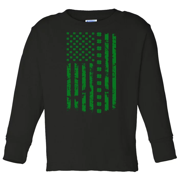 St Patrick's Day Distressed American Flag Shamrock Toddler Long Sleeve Shirt