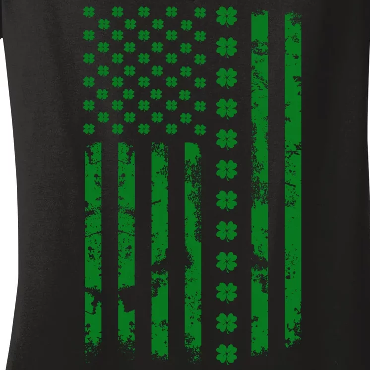 St Patrick's Day Distressed American Flag Shamrock Women's V-Neck T-Shirt