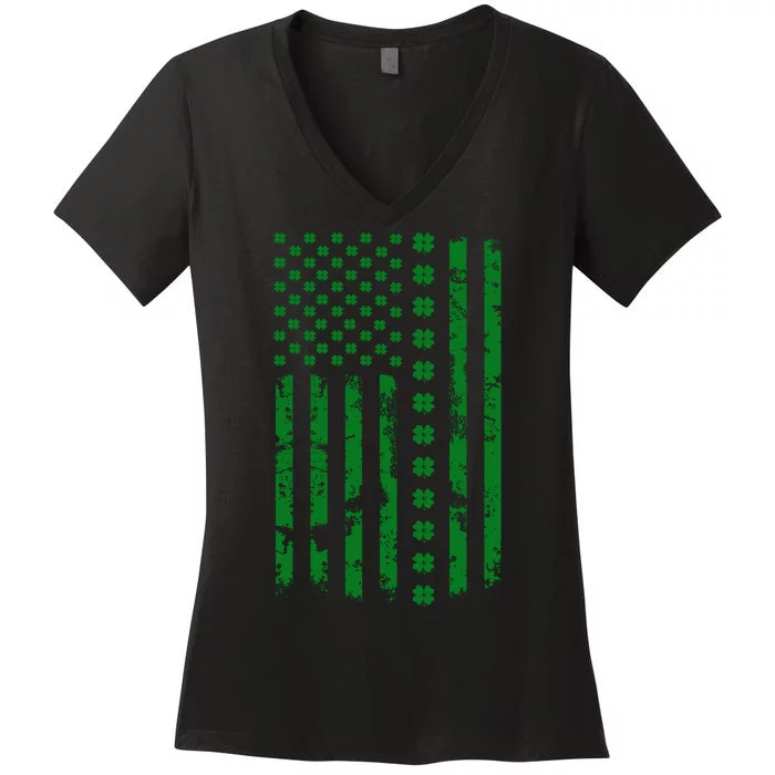 St Patrick's Day Distressed American Flag Shamrock Women's V-Neck T-Shirt