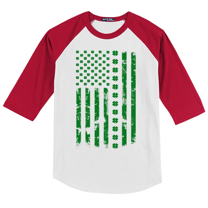 St Patrick's Day Distressed American Flag Shamrock Kids Colorblock Raglan Jersey