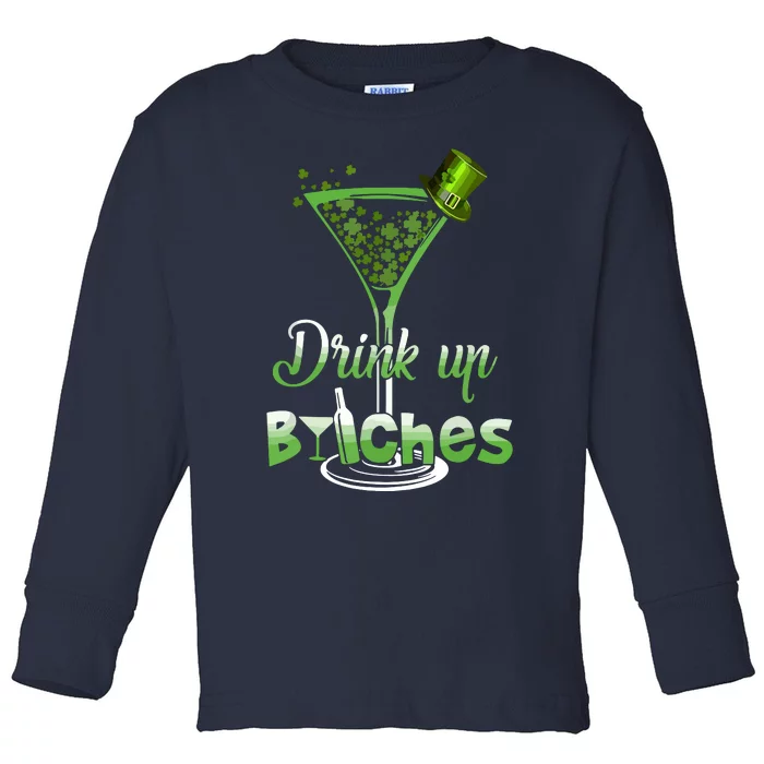 St Patricks Day Shamrock Wine Glass Drink Up Toddler Long Sleeve Shirt