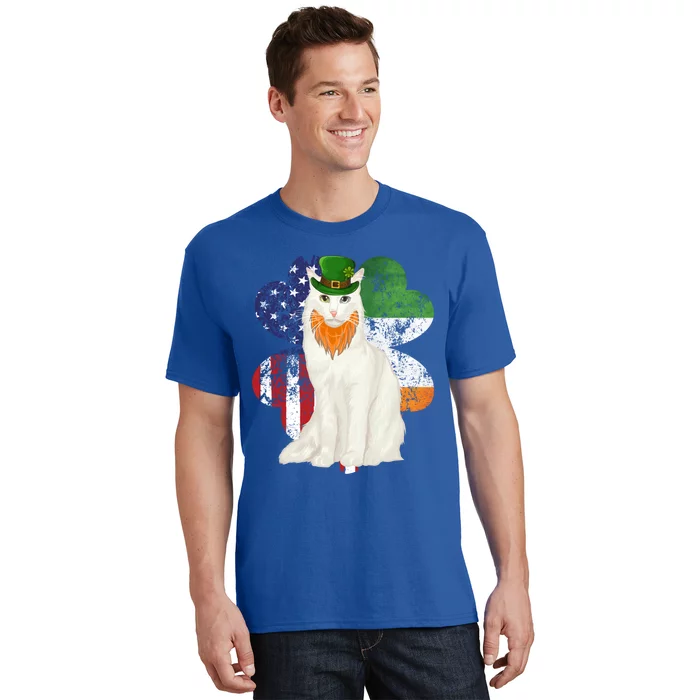 St Patricks Day Irish American Flag Turkish Angora Cat Gift T-Shirt