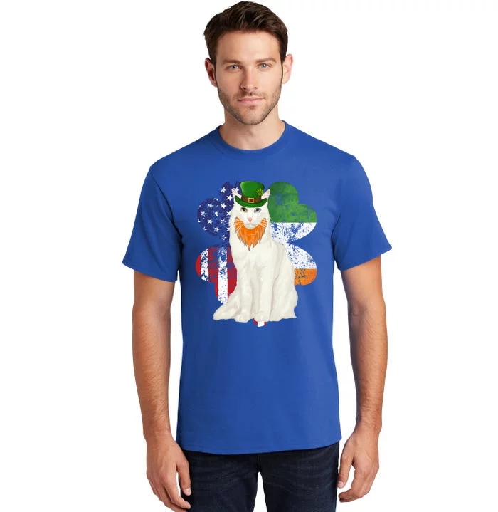 St Patricks Day Irish American Flag Turkish Angora Cat Gift Tall T-Shirt