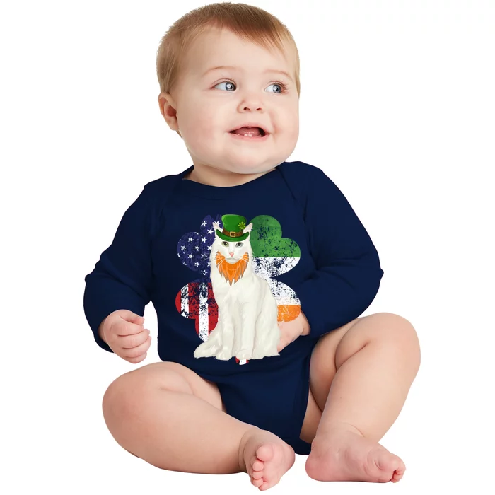 St Patricks Day Irish American Flag Turkish Angora Cat Gift Baby Long Sleeve Bodysuit