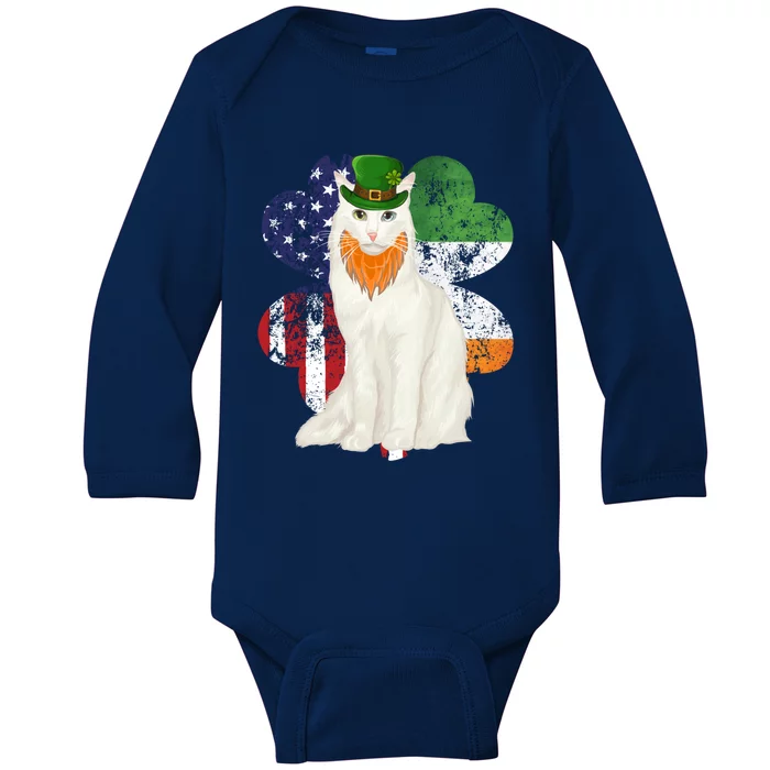 St Patricks Day Irish American Flag Turkish Angora Cat Gift Baby Long Sleeve Bodysuit