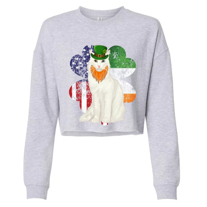 St Patricks Day Irish American Flag Turkish Angora Cat Gift Cropped Pullover Crew