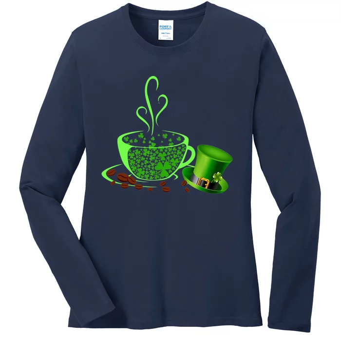 St Patrick's Day Coffee Lover Lucky Latte Irish Shamrock Ladies Long Sleeve Shirt