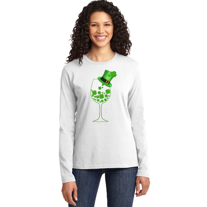 St Patricks Day Wine Glass Lucky Irish Shamrock Gift Ladies Long Sleeve Shirt