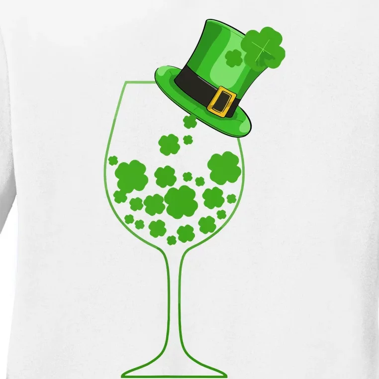 St Patricks Day Wine Glass Lucky Irish Shamrock Gift Ladies Long Sleeve Shirt