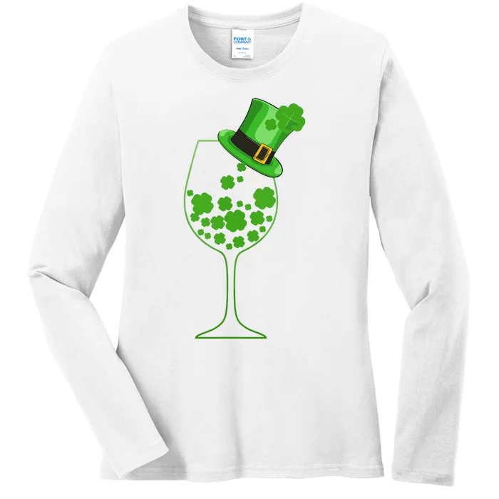 St Patricks Day Wine Glass Lucky Irish Shamrock Gift Ladies Long Sleeve Shirt