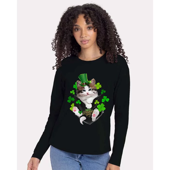 St Patrick's Day Irish Saint Patrick's Shamrock Happy Cat Womens Cotton Relaxed Long Sleeve T-Shirt