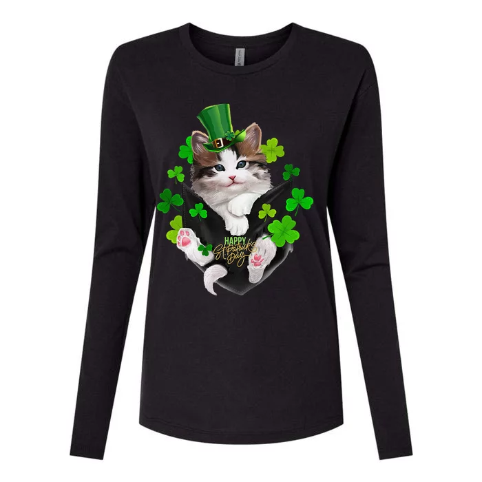 St Patrick's Day Irish Saint Patrick's Shamrock Happy Cat Womens Cotton Relaxed Long Sleeve T-Shirt